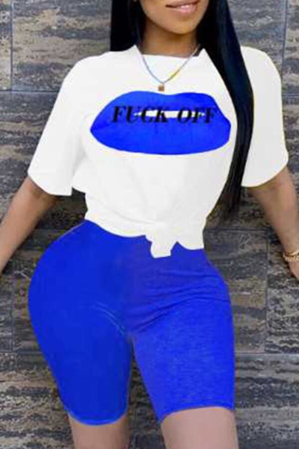 

Lovely Casual Lip Print Blue Two-piece Shorts Set