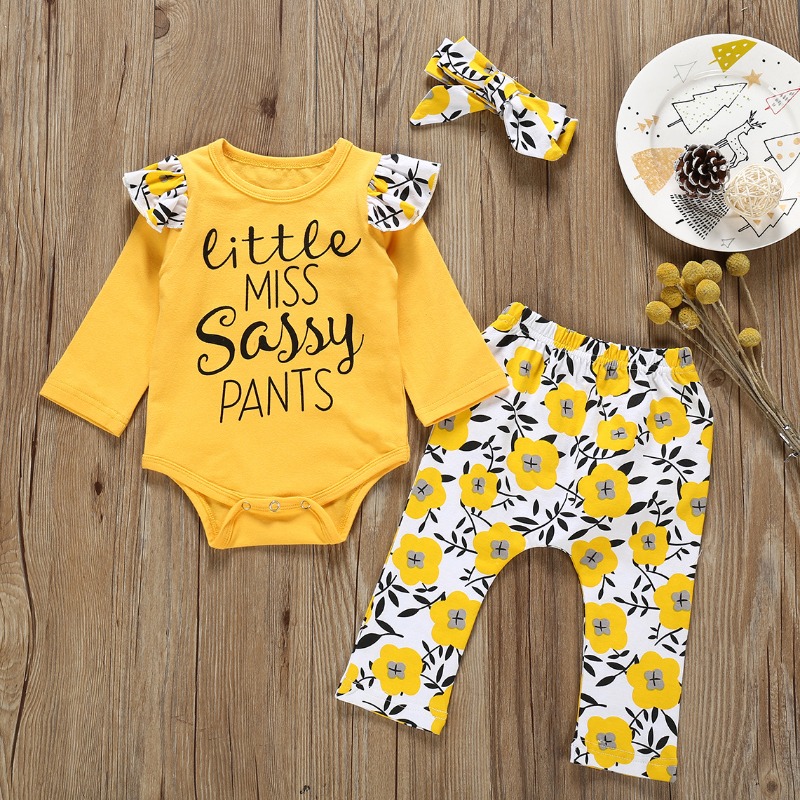 Lovely Stylish Letter Print Yellow Girl Two-piece Pants Set