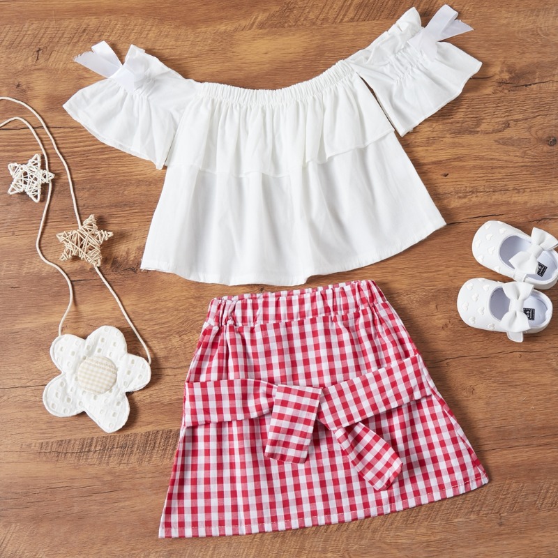 

Lovely Sweet Grid Print White Girl Two-piece Skirt Set
