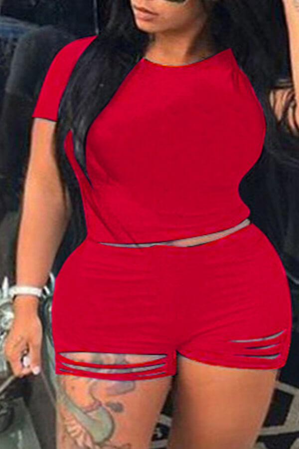 

Lovely Trendy Hollow-out Red Plus Size Two-piece Shorts Set