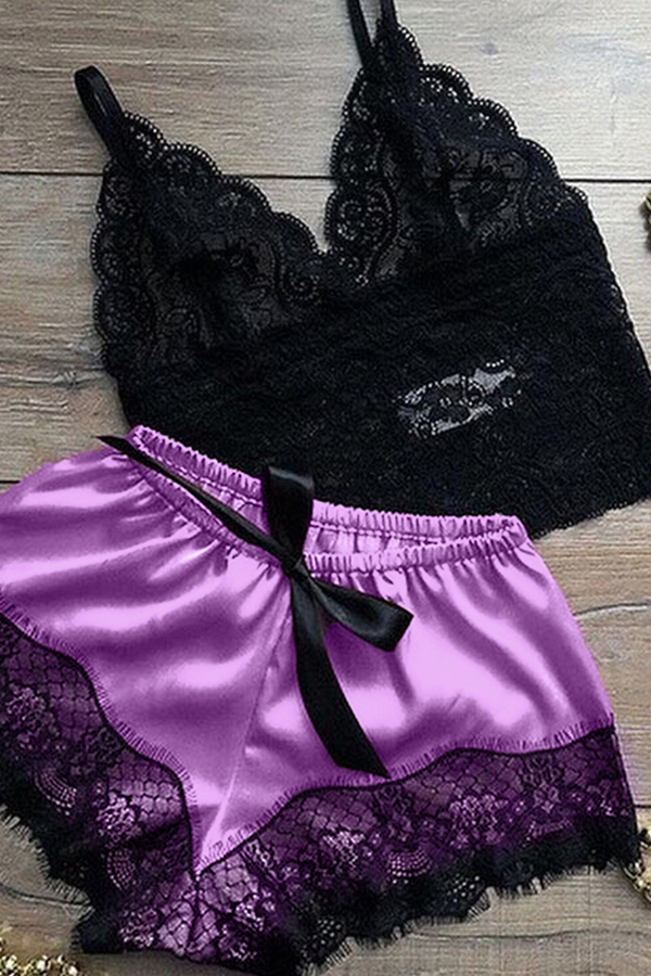 

Lovely Sexy Lace Hem Purple Sleepwear