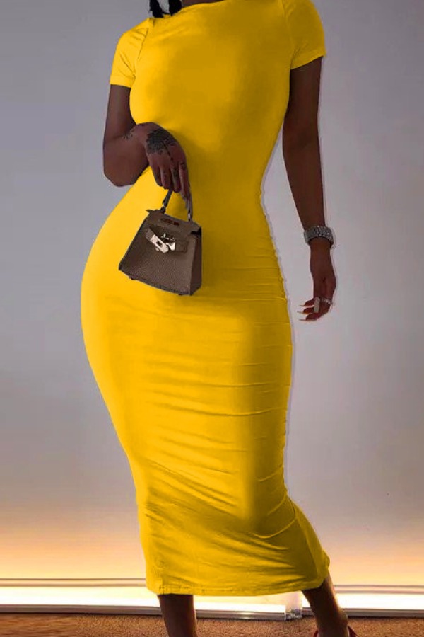 

Lovely Casual O Neck Basic Yellow Mid Calf Dress