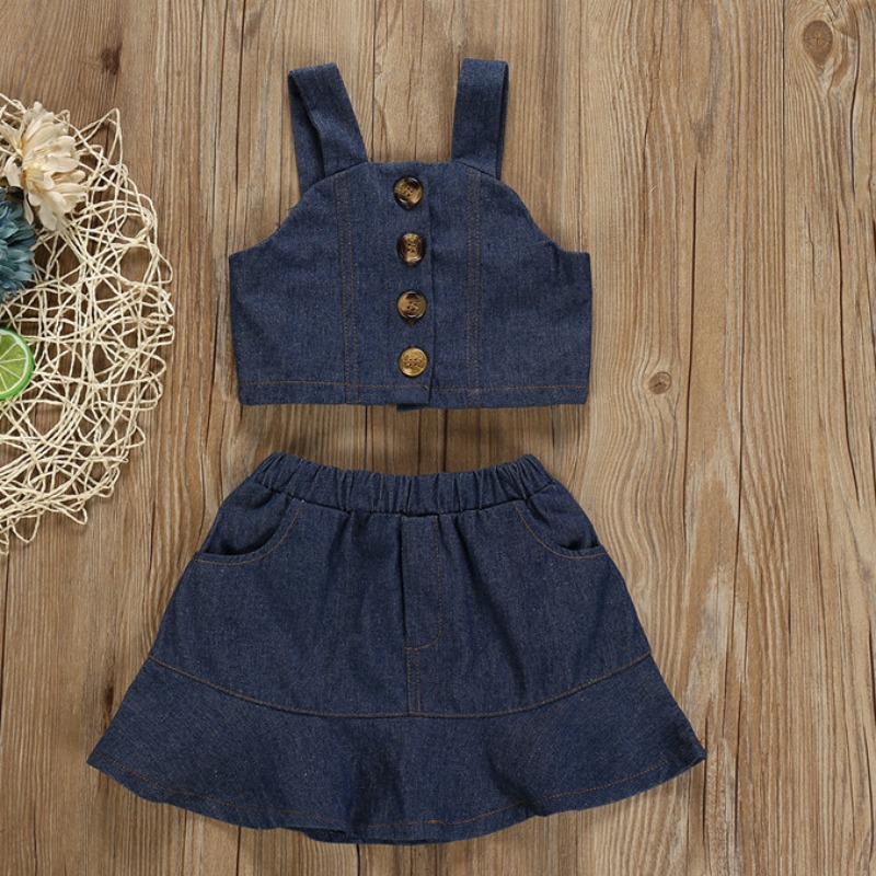 

Lovely Stylish Buttons Design Dark Blue Girl Two-piece Shorts Set