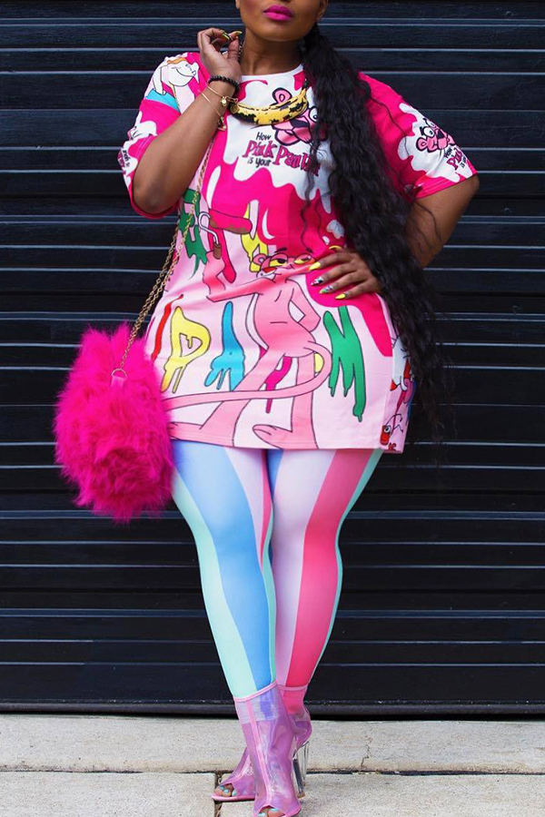

Lovely Trendy O Neck Cartoon Print Pink Plus Size Two-piece Pants Set