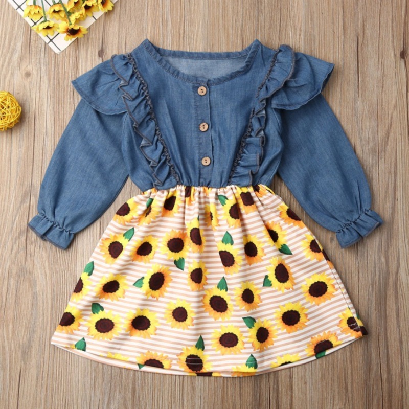 

Lovely Stylish Print Patchwork Blue Girl Mid Calf Dress