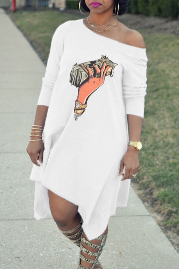 

Lovely Leisure O Neck Print White Knee Length Dress
