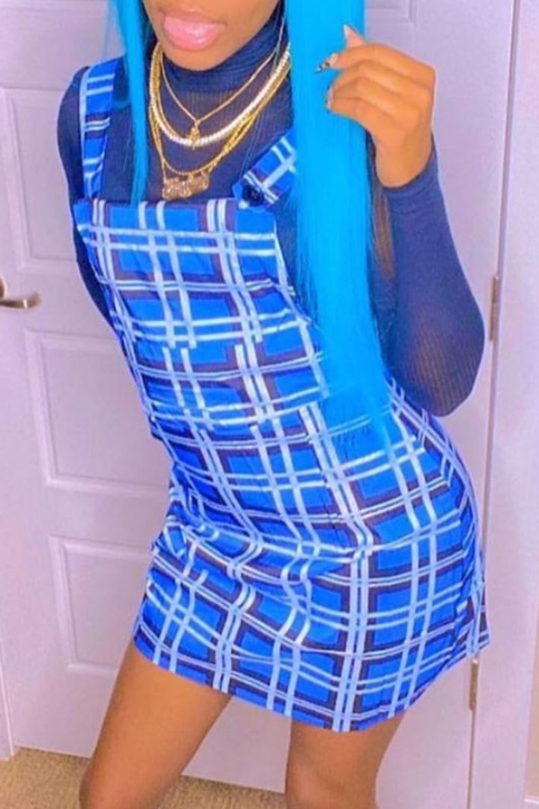 

Lovely Trendy Grid Dark Blue Mini Dress