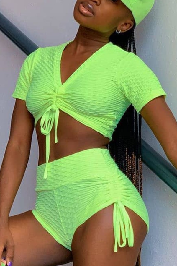 

Lovely Trendy Lace-up Green Two-piece Shorts Set