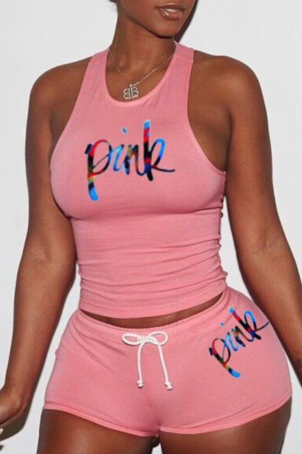 

Lovely Casual Letter Pink Plus Size Two-piece Shorts Set