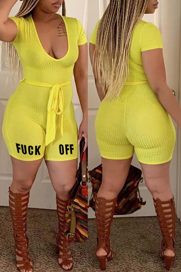 

Lovely Casual Letter Yellow One-piece Romper