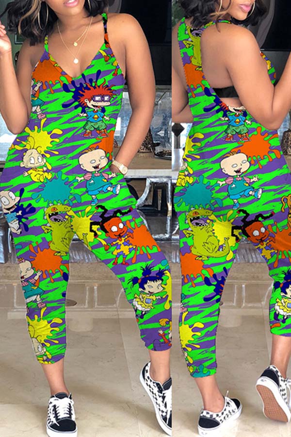 

Lovely Trendy Cartoon Print Green One-piece Jumpsuit