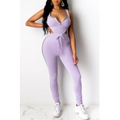 Lovely Sexy Lace-up Purple Two-piece Pants Set