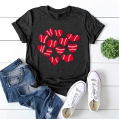 Lovely Leisure O Neck Heart Black T-shirt