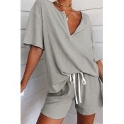 Lovely Casual Lace-up Grey Two-piece Shorts Set