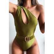 Lovely One Shoulder Cut-Out Army Green One-piece S