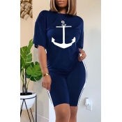 Lovely Casual O Neck Print Deep Blue Two-piece Sho