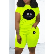 Lovely Casual O Neck Lip Print Green Two-piece Sho