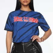 LW COTTON Casual O Neck Letter Deep Blue T-shirt
