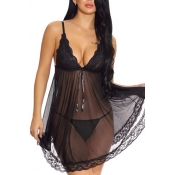 Lovely Sexy Lace Hem Black Babydolls