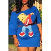 Lovely Casual Cartoon Print Blue Plus Size Two-pie