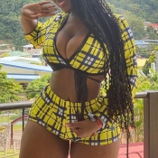 Lovely Trendy Grid Yellow Plus Size Two-piece Shor