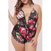 Lovely Sexy Print Black Plus Size Sleepwear