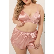 Lovely Sexy Patchwork Dusty Pink Plus Size Sleepwe