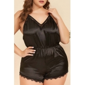 Lovely Sexy Lace Hem Black Plus Size Sleepwear