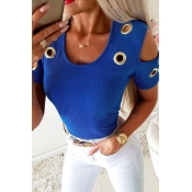 Lovely Trendy Hollow-out Blue T-shirt