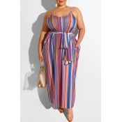 Lovely Casual Striped Rose Red Maxi Plus Size Dres