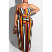 Lovely Casual Striped Yelllow Maxi Plus Size Dress