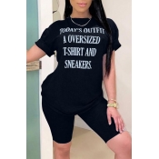 Lovely Casual Letter Print Black Two-piece Shorts 