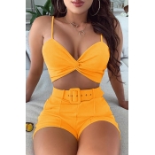Lovely Trendy Knot Design Yellow Two-piece Shorts 