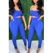 Lovely Trendy Fold Design Blue Two-piece Pants Set