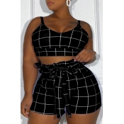 LW Plus Size Trendy Grid Black Two-piece Shorts Se