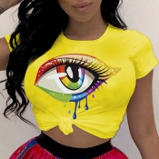 Lovely Casual Eye Print Yellow Plus Size T-shirt