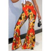 Lovely Bohemian Sunflower Print Orange Pants