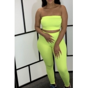 Lovely Sexy Dew Shoulder Green Two-piece Pants Set