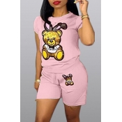 LW Casual Cartoon Print Pink Two-piece Shorts Set