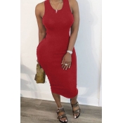 LW Leisure Hollow-out Red Mid Calf Dress