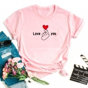 Lovely Leisure O Neck Print Pink T-shirt