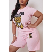 Lovely Casual Cartoon Print Pink Plus Size Two-pie