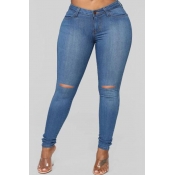 Lovely Stylish Hollow-out Blue Plus Size Jeans