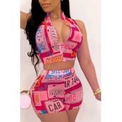 Lovely Sexy Letter Print Red Two-piece Shorts Set