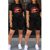 LW Leisure Lip Print Black Two-piece Shorts Set