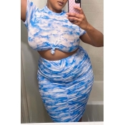 Lovely Leisure Print Blue Plus Size Two-piece Skir