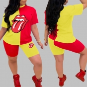 Lovely Casual Lip Print Light Yellow Plus Size Two