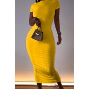 Lovely Casual O Neck Basic Yellow Mid Calf Dress