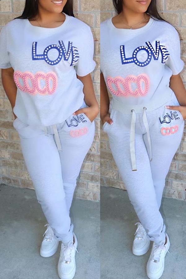 

Lovely Casual Letter Print Grey Two-piece Pants Set