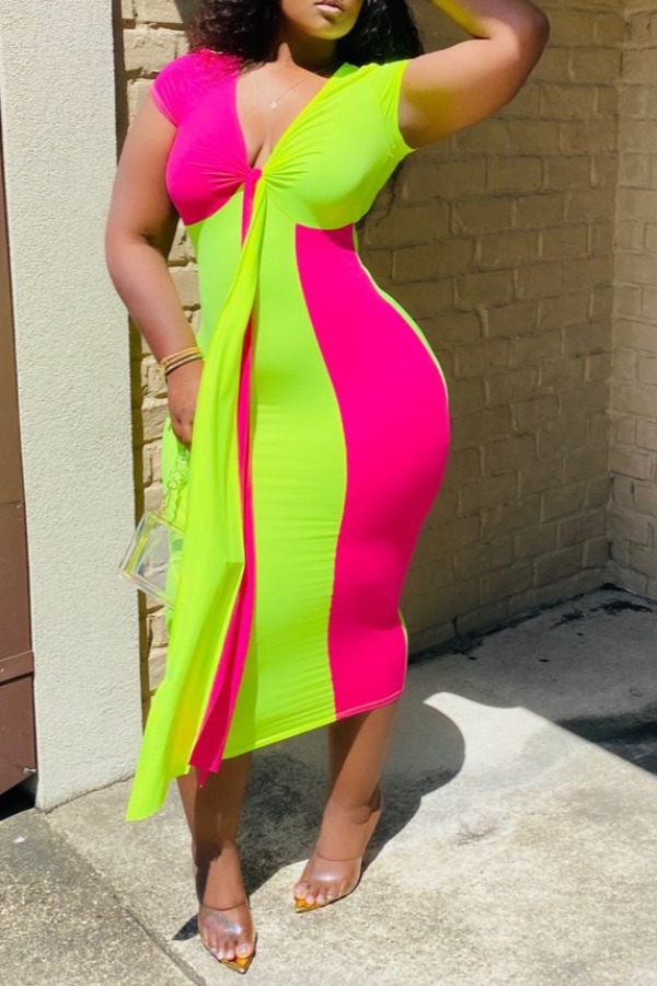 

Lovely Trendy V Neck Patchwork Green Mid Calf Dress